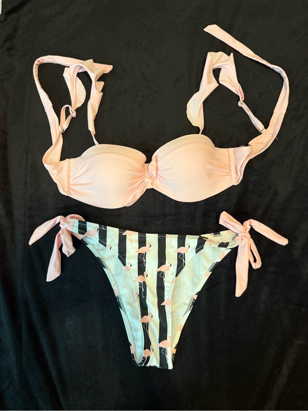 SHEIN Light Pink Padded Bikini Top with Striped Flamingo Tie-Side Bottoms